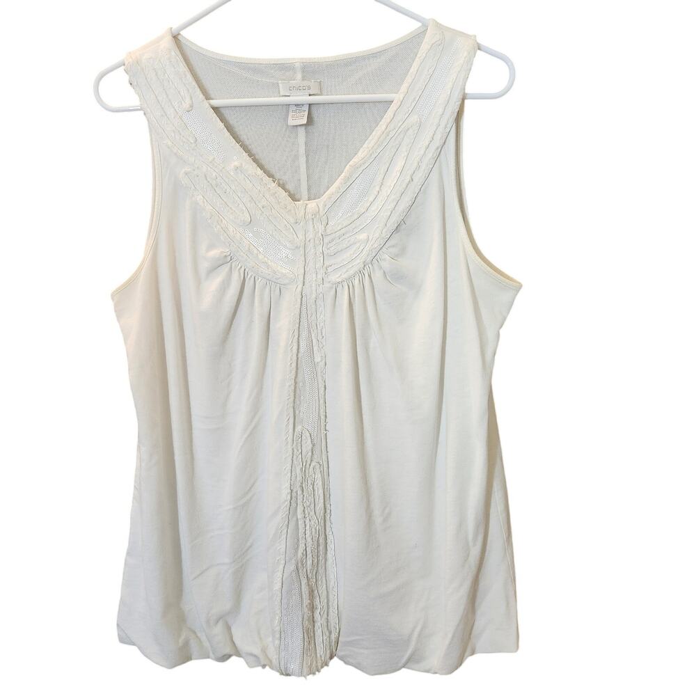 Chico's Embellished Bubble Hem Tank Top Cream White Size 2 (US Large 12)